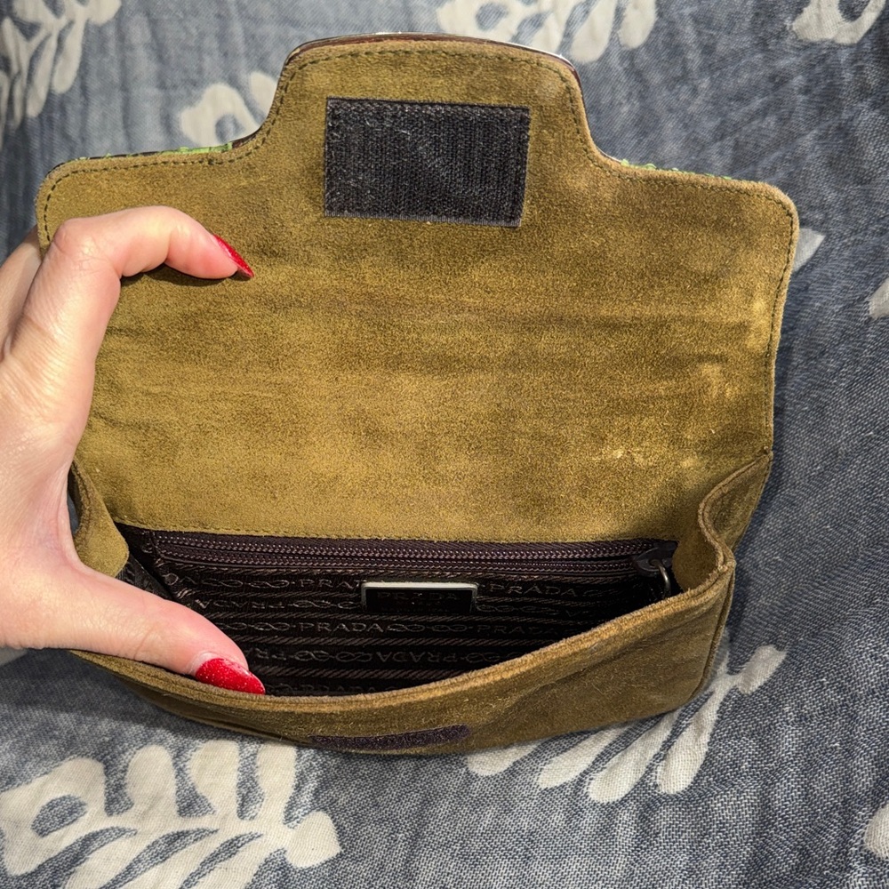 Olive Green Suede Prada Python Shoulder Bag - image 9